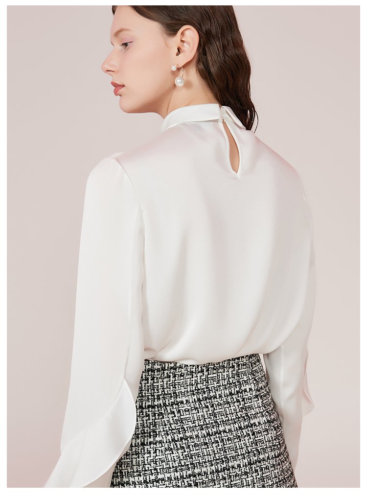 aivei秋新撞色绑带翻驳领荷叶边长袖女衬衫雪纺衫