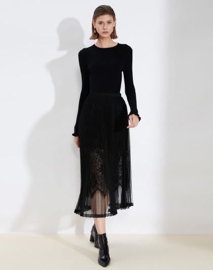 anmani/恩曼琳18冬新通勤ol风圆领木耳花边长袖修身女针织连衣裙