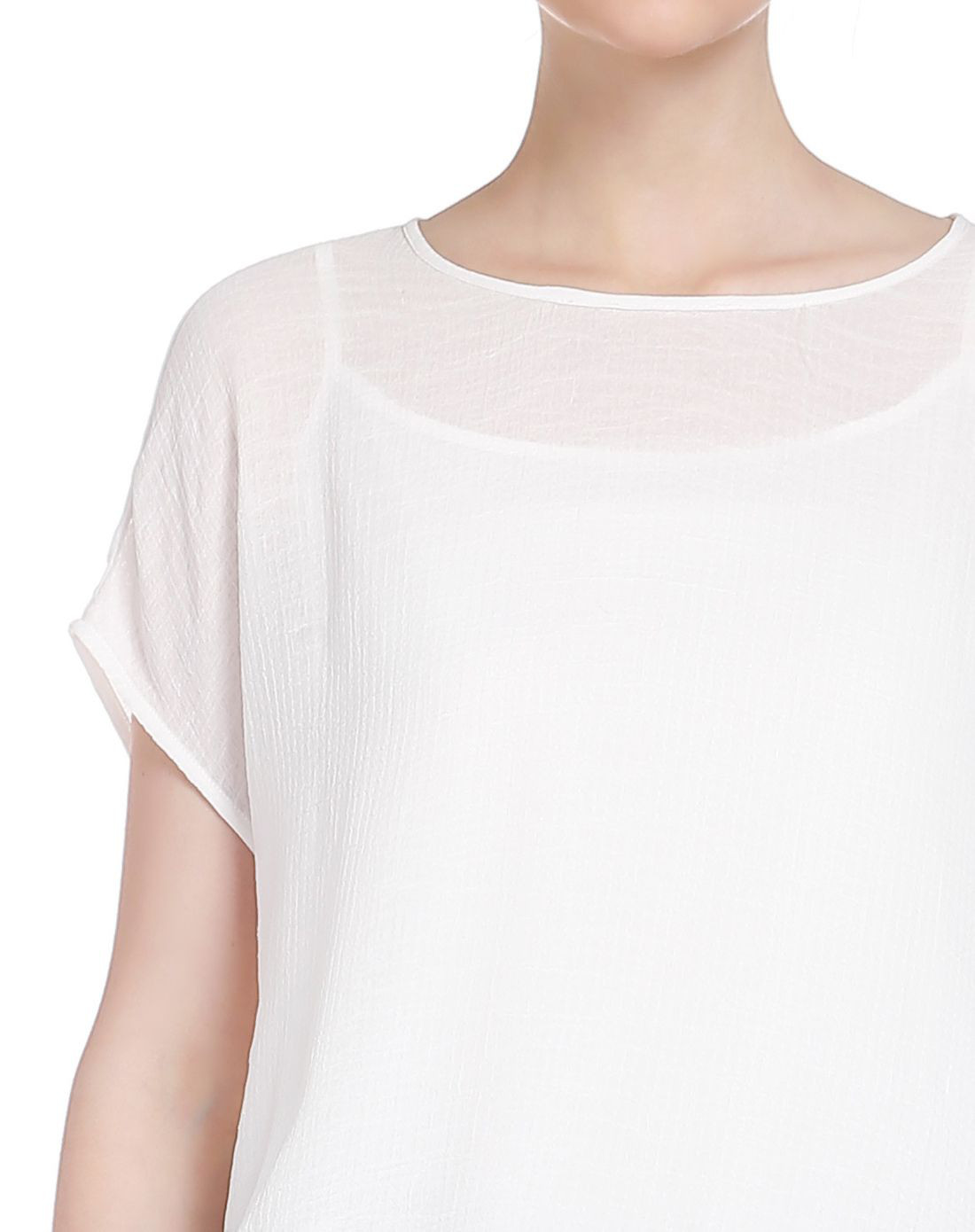 德桑时尚简约下摆收褶盖肩袖上衣白色