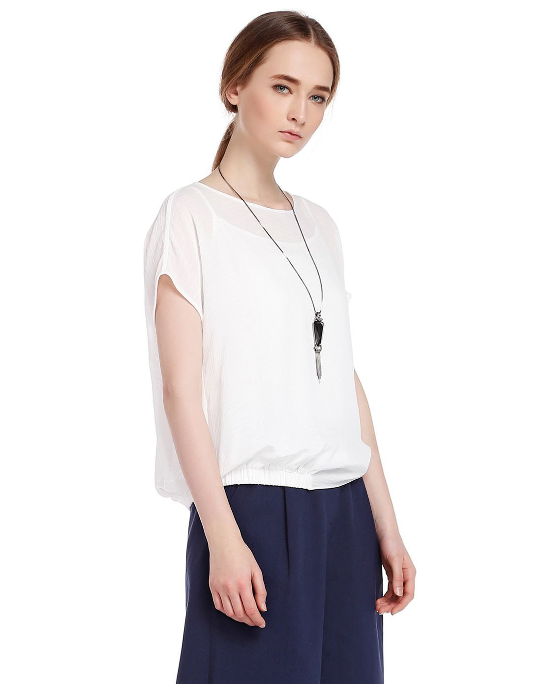 德桑时尚简约下摆收褶盖肩袖上衣白色