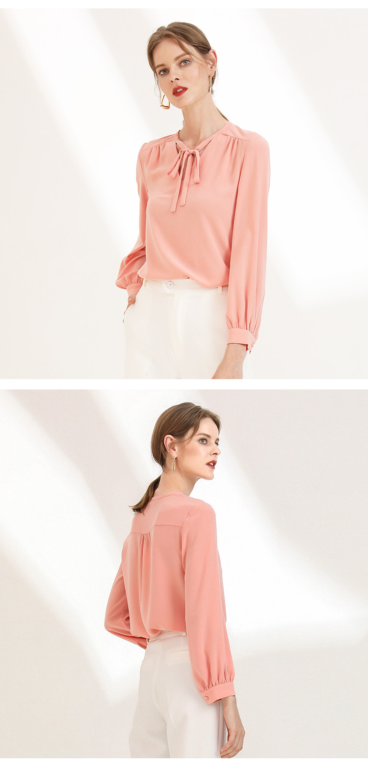 进口三醋酸纤维气质v领蝴蝶结系带上衣