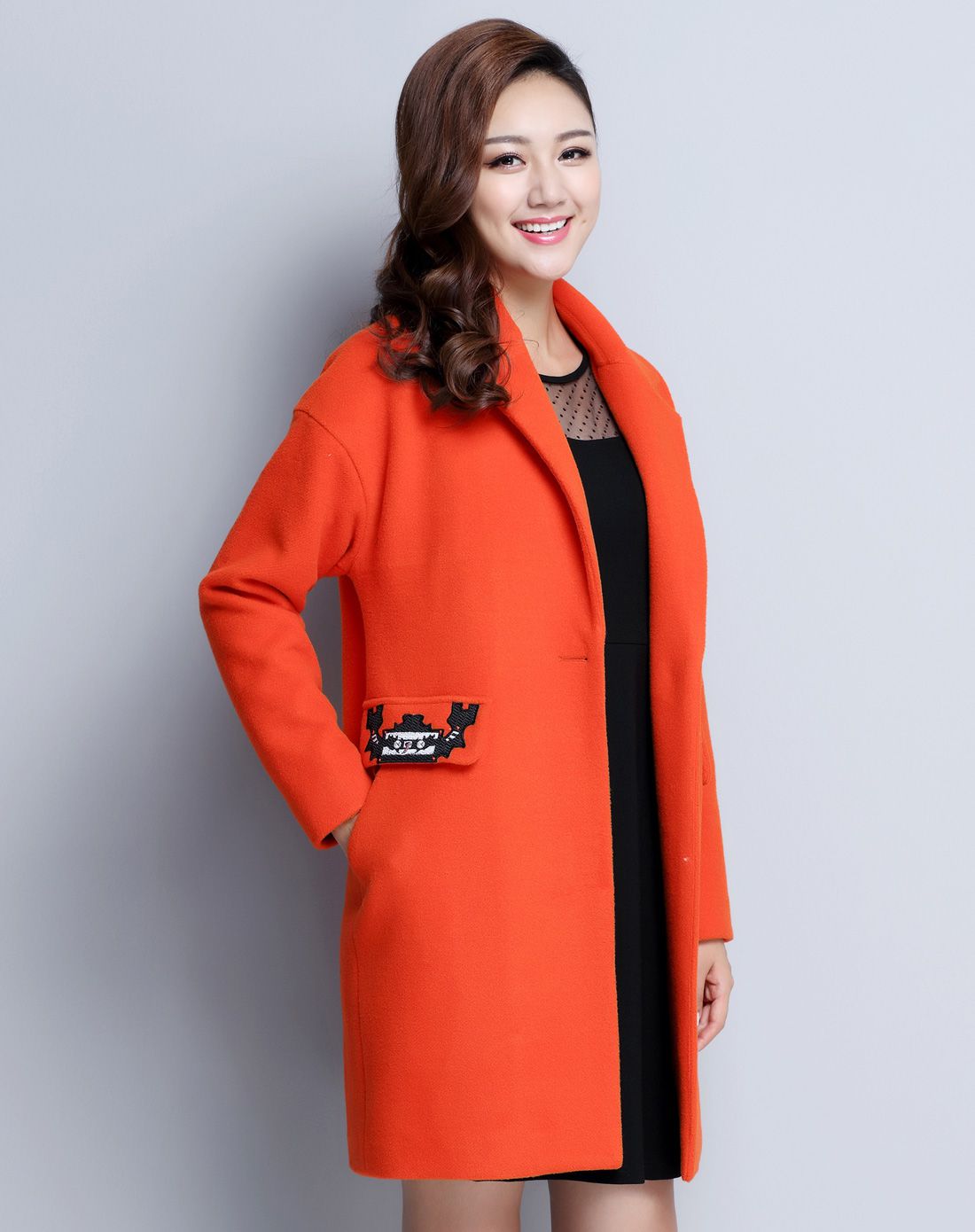 橙红色时尚百搭纯色长袖毛呢大衣