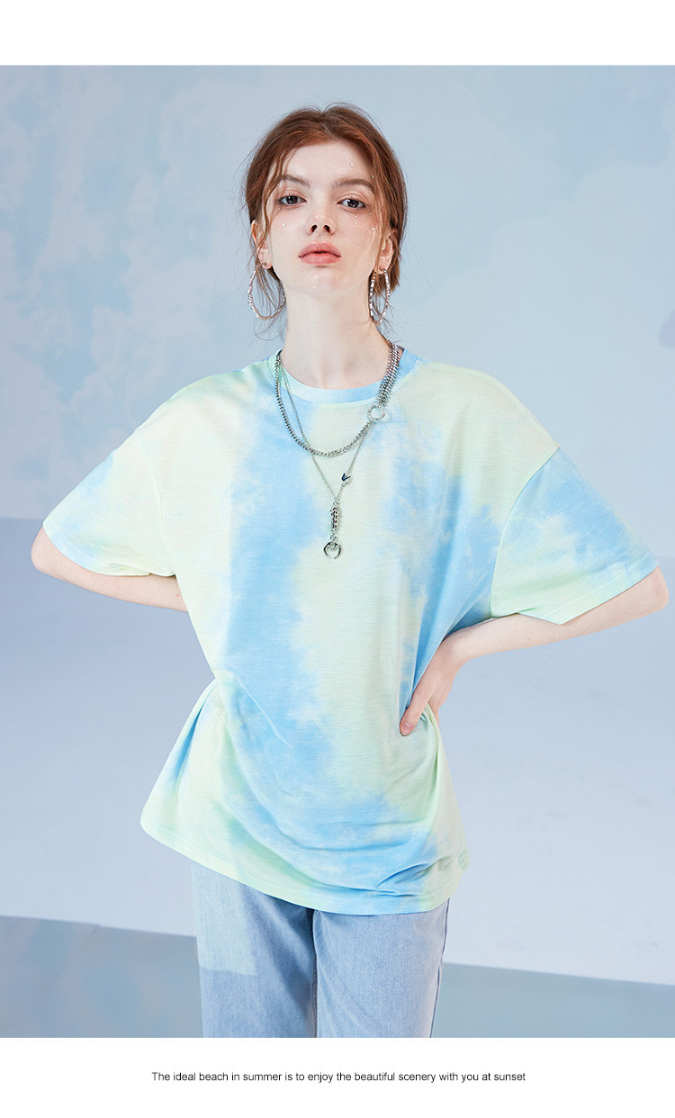 【含小牛链条公仔】21夏装新款休闲薄款宽度上衣扎染短袖t恤女