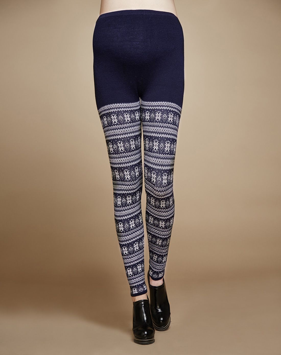 藏青印花雪花提花针织毛裤