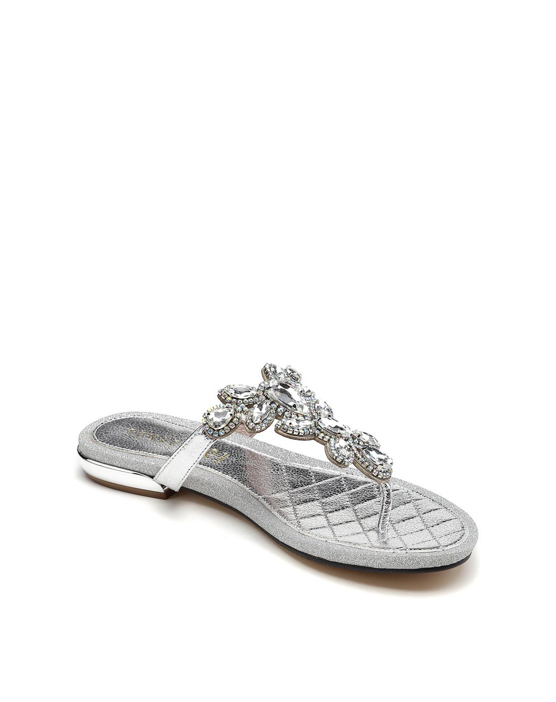 绒布复古配饰夹脚凉拖鞋银色