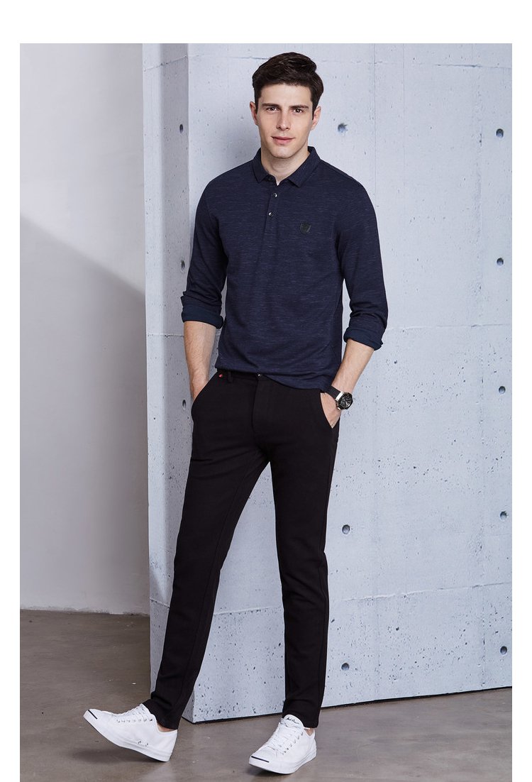 新品时尚青年翻领简约通勤商务休闲上衣修身长袖男士polo衫