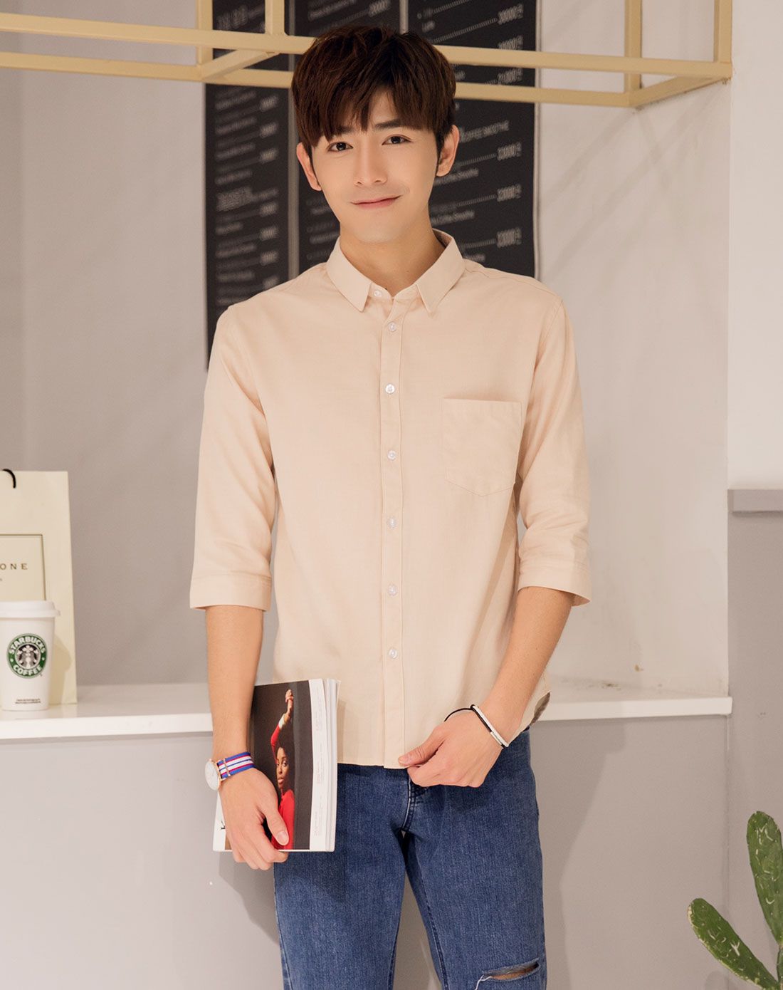 杏色 男款时尚中袖衬衫