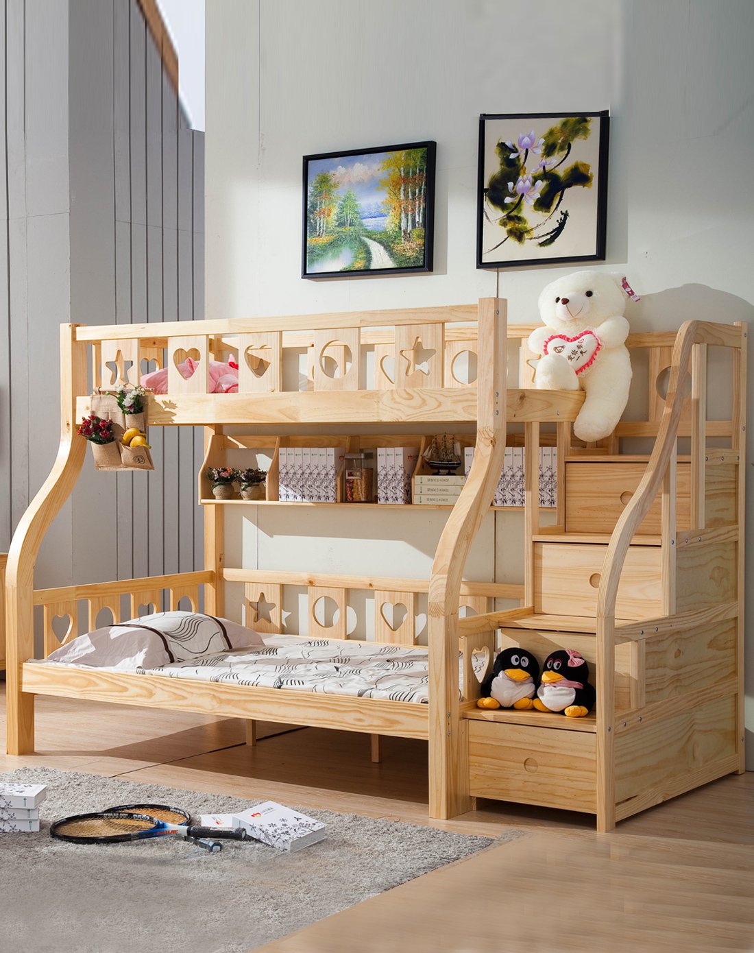 儿童环保松木双层子母床带书架梯柜实木高低床
