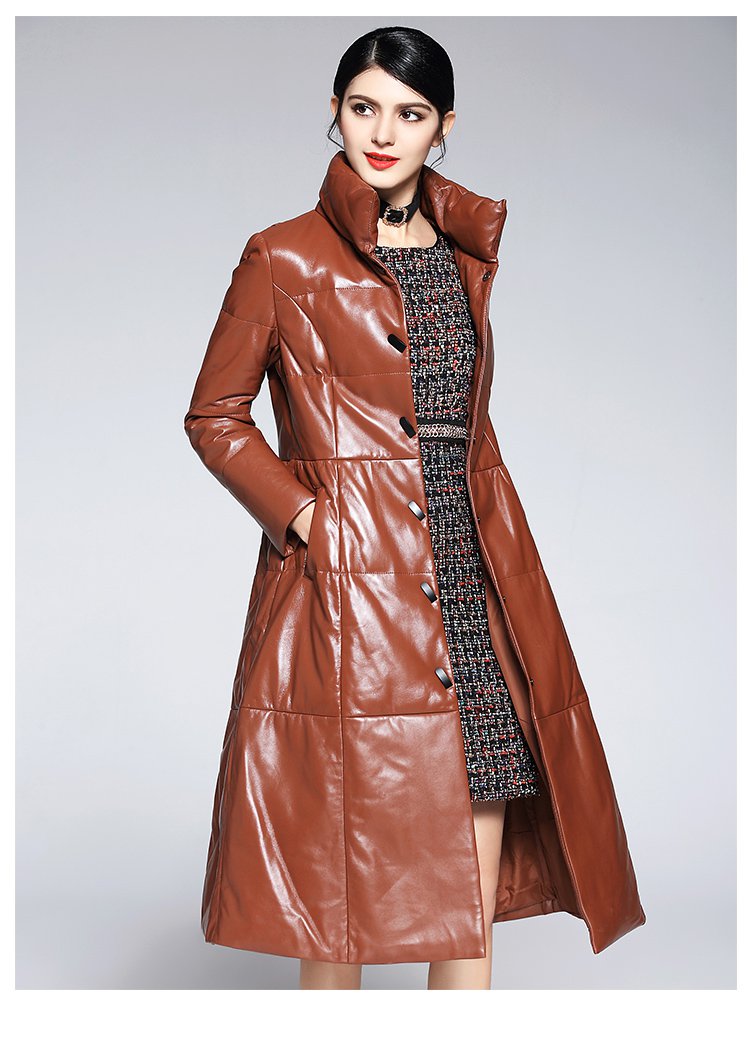 女款绵羊皮收腰显瘦长款皮羽绒大衣