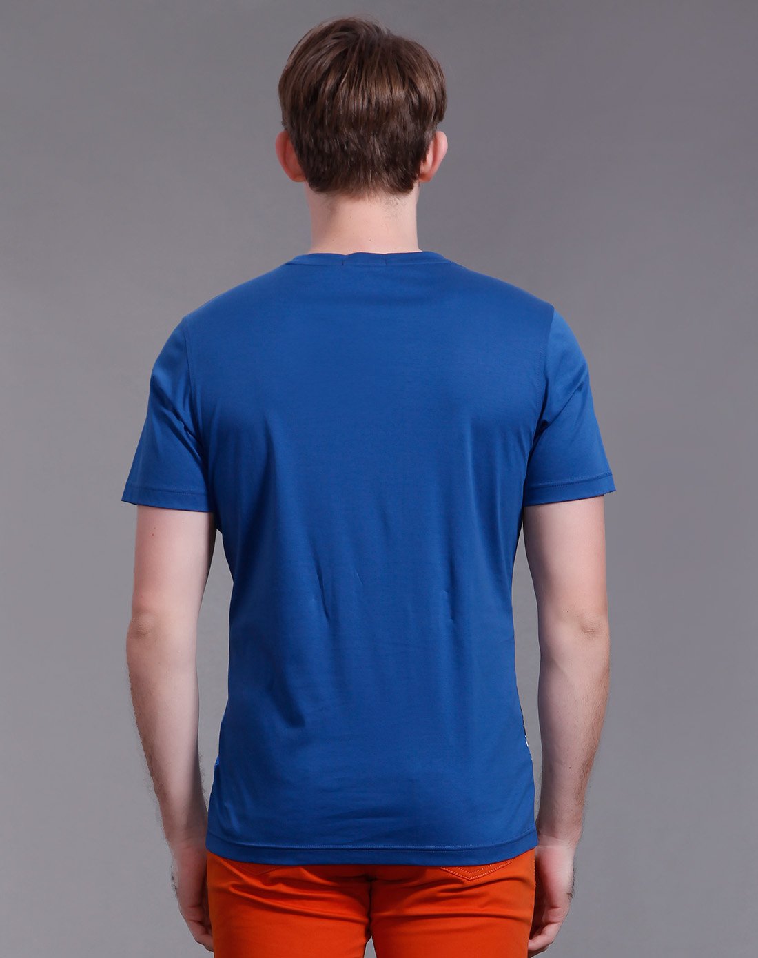 纯棉不规则色块印花修身圆领短t蓝色