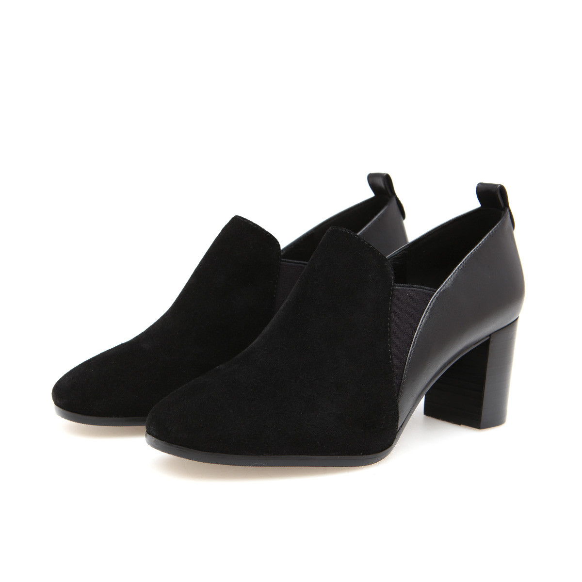 fed女鞋秋季2018新款经典百搭时尚拼接黑色粗高跟鞋深口鞋