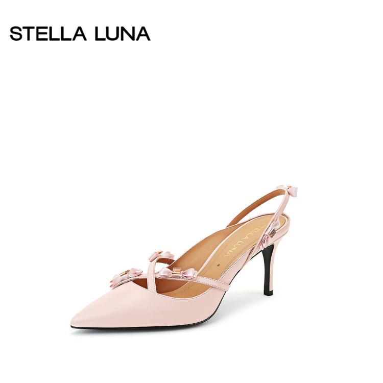 Stella Luna 女鞋春夏新高跟鞋浅口尖头蝴蝶结细跟真皮通勤半凉鞋 In Pink