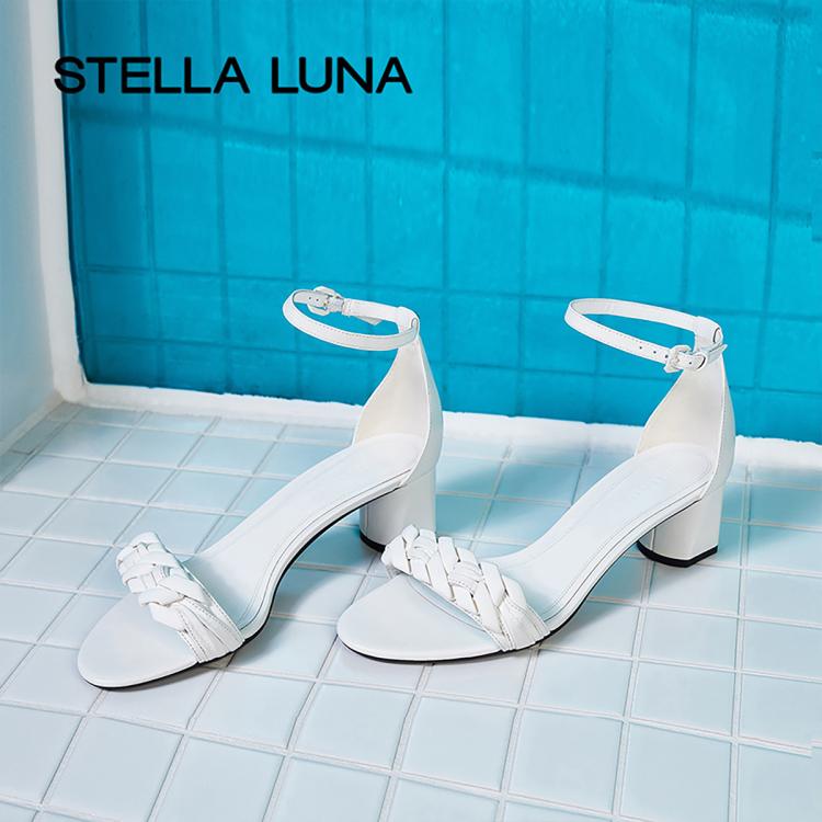 Stella Luna 女鞋春夏季凉鞋法式羊皮粗跟黑色一字带中跟凉鞋 In White