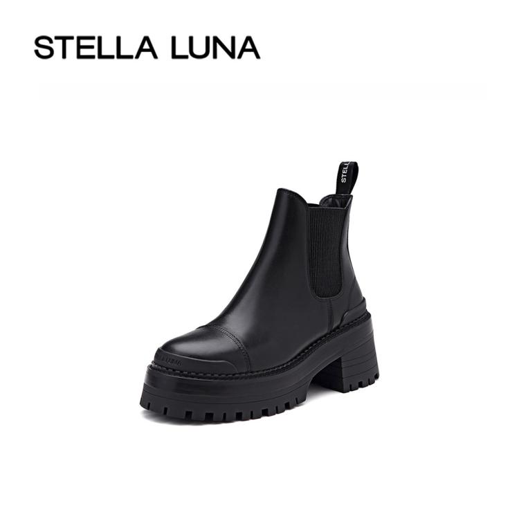Stella Luna 女鞋2022秋季新款短靴牛皮潮流黑色增高厚底踝靴靴子 In Black