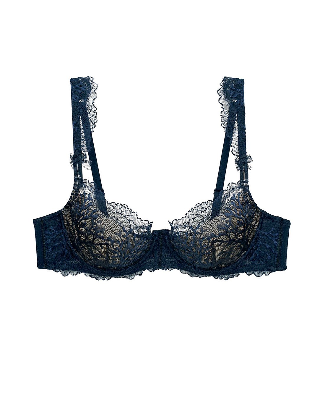 全蕾丝性感超薄精美花纹钢圈围文胸蔵蓝色