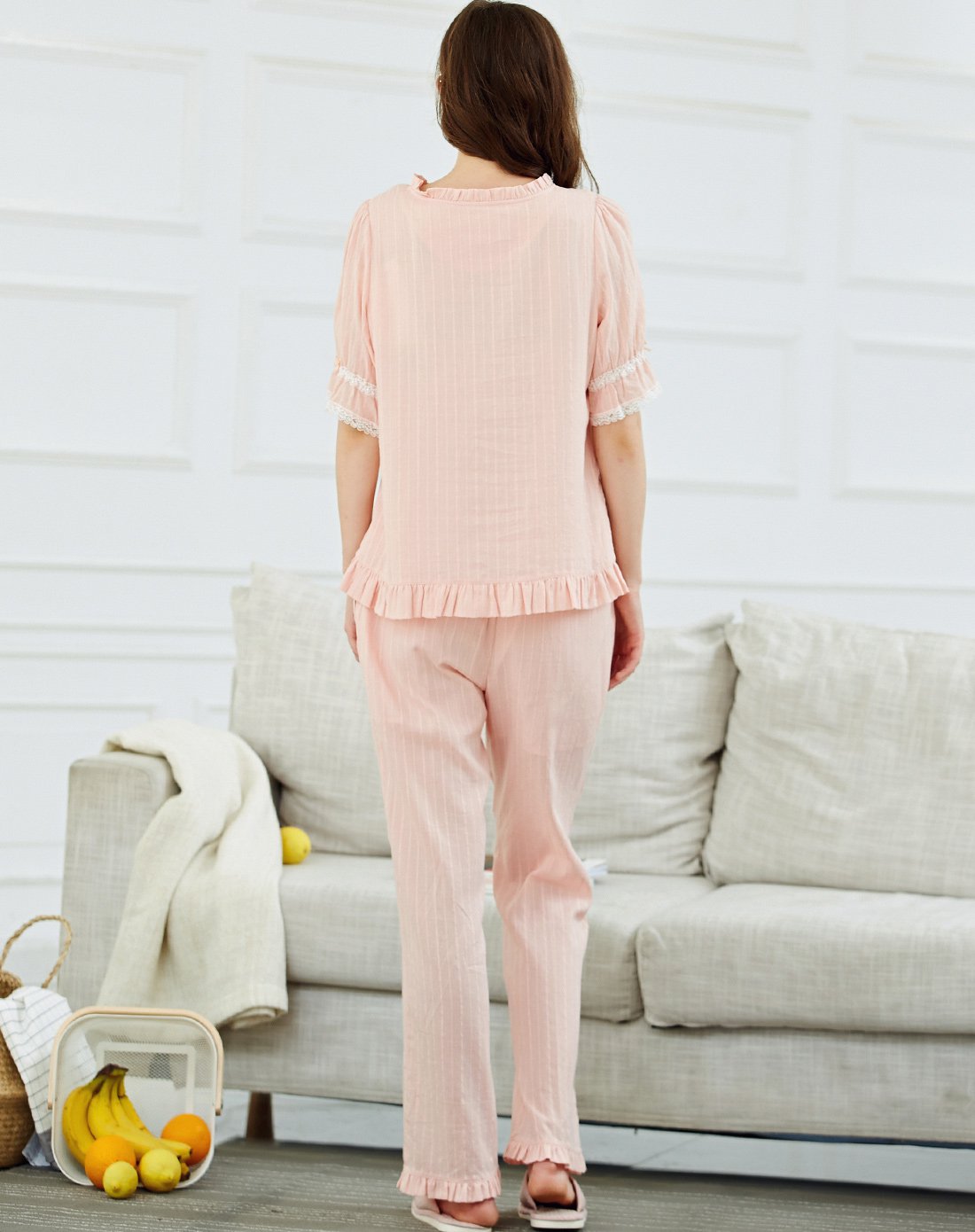 秋鹿纯棉简约纯色女圆领优雅泡泡袖全棉舒适家居服套装