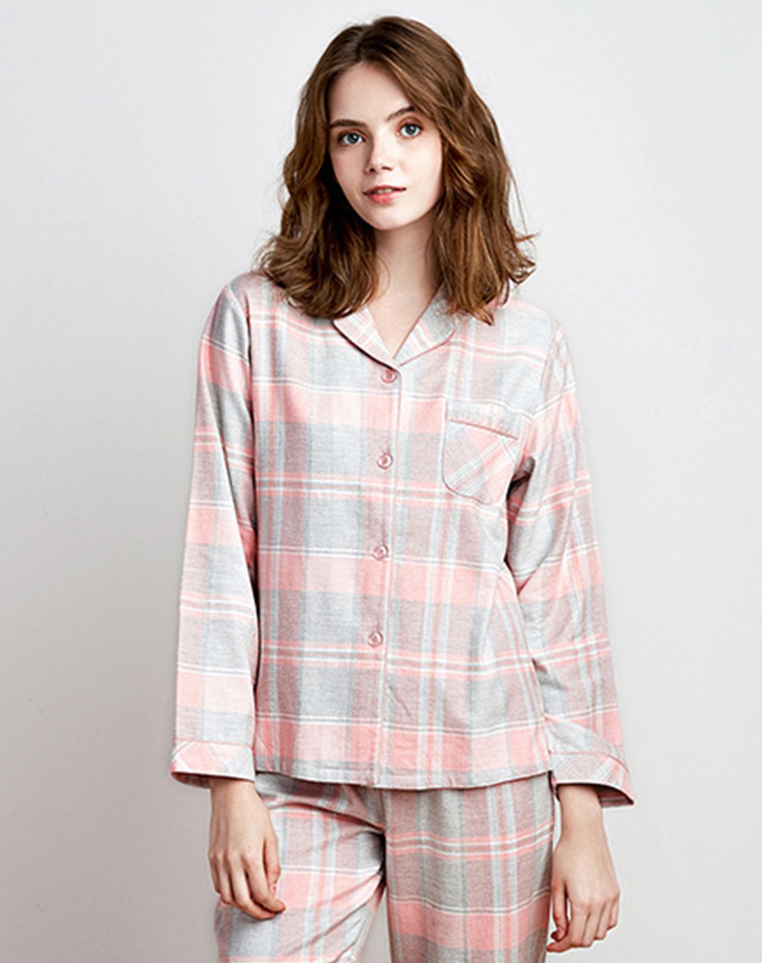 秋鹿2017秋季情侣睡衣纯棉格子长袖长裤开衫开衫女士家居服套装