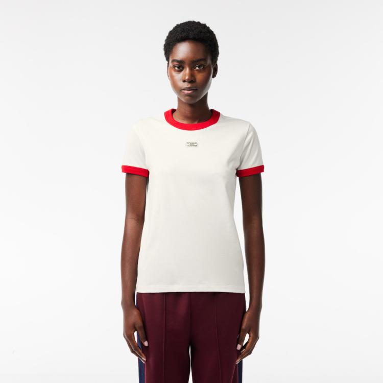 Lacoste 法国鳄鱼女装纯棉舒适logo拼色百搭圆领短袖t恤 In White