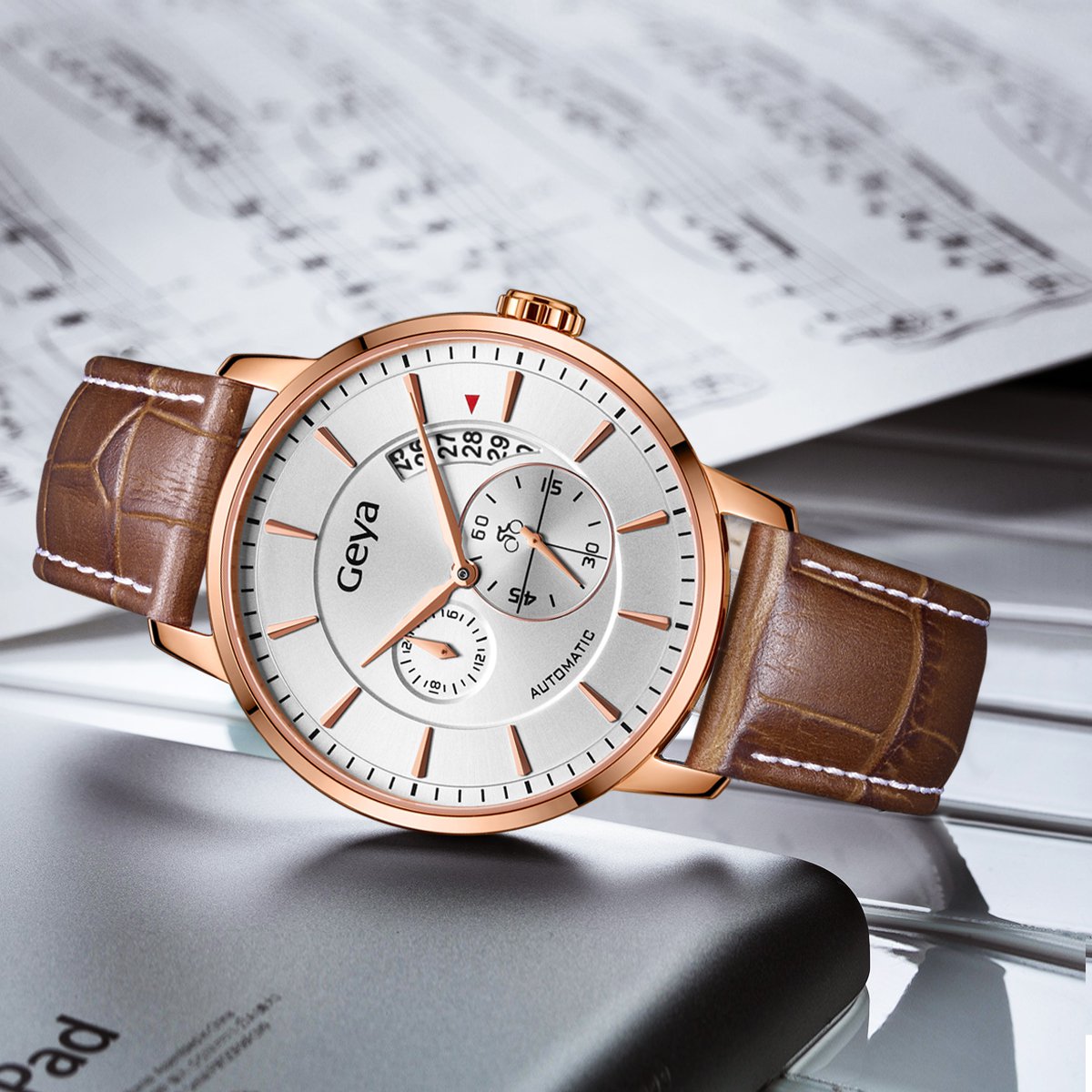 geya格雅男士手表全自动机械表学生皮带休闲商务时尚防水男表送礼