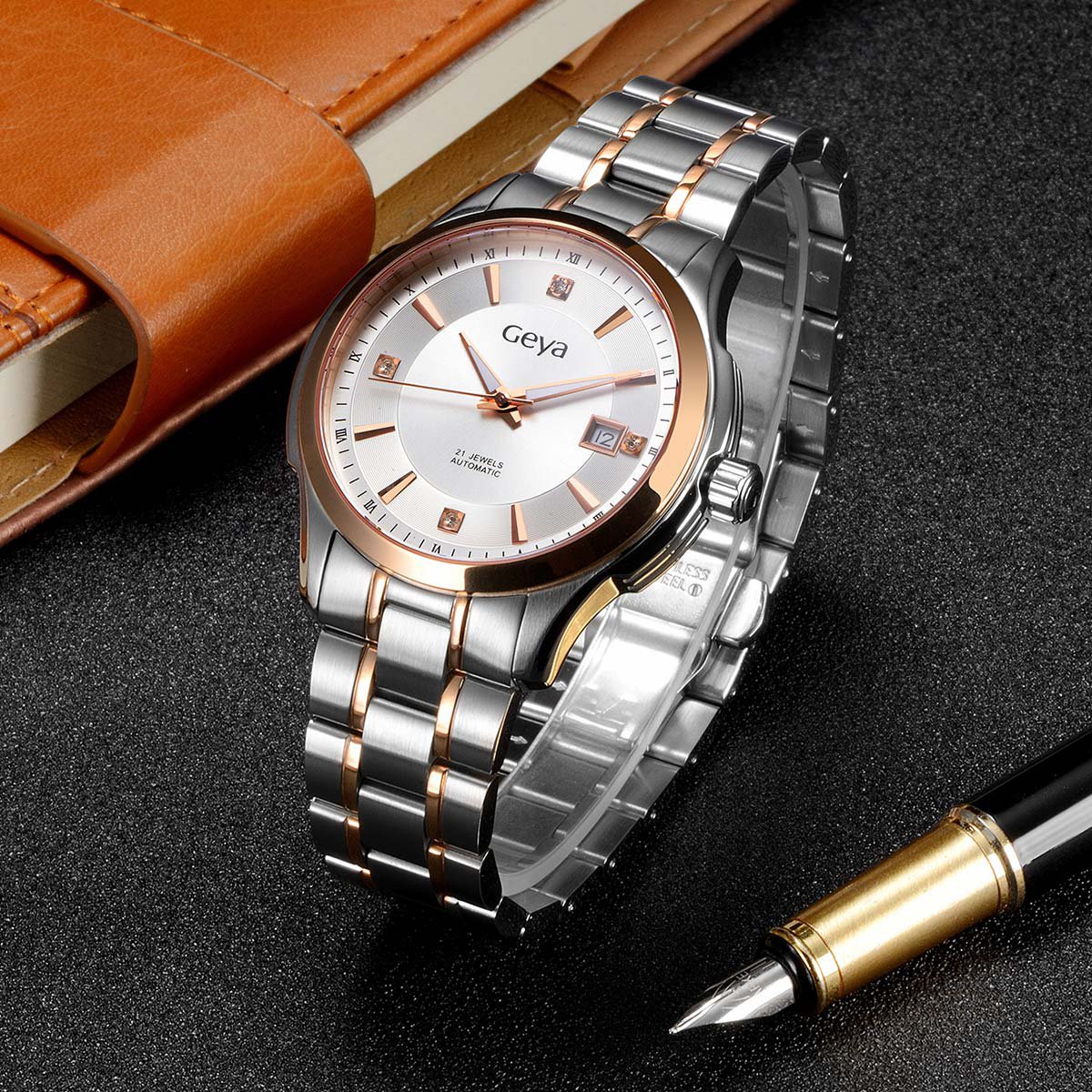 格雅geya手表 睿系列 简约休闲经典商务手表百搭通勤精钢表带防水机械