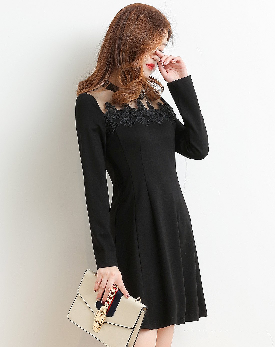 网纱透视拼接连衣裙黑色