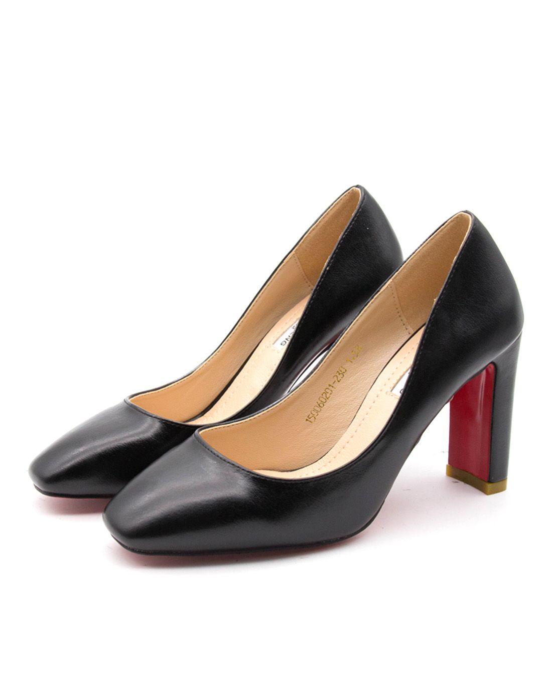 印象风粗高跟方头单鞋黑色