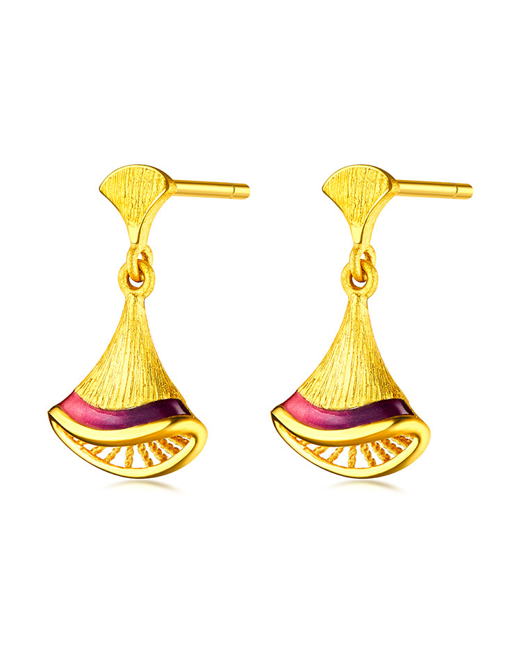 黄金耳钉杏叶足金珐琅工艺耳饰女款计价