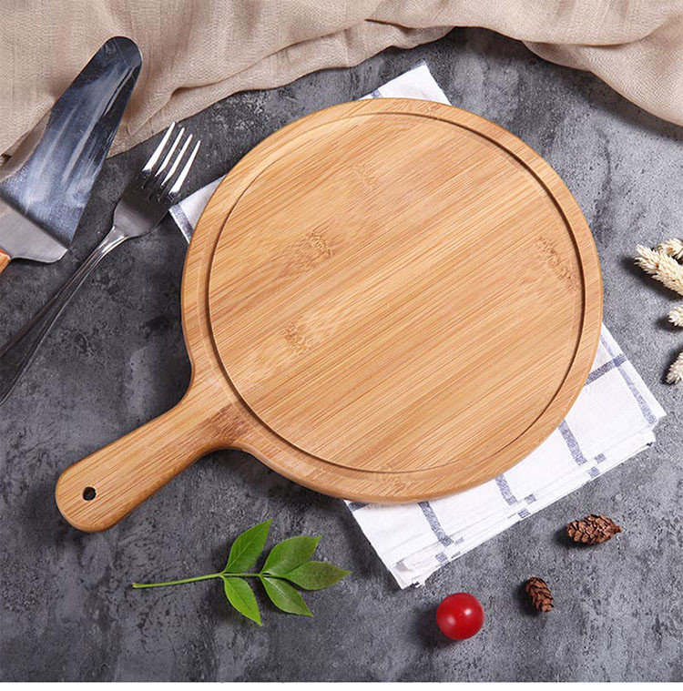 竹木披萨托盘圆形手柄日式家用西餐牛扒餐具比萨饼盘底托
