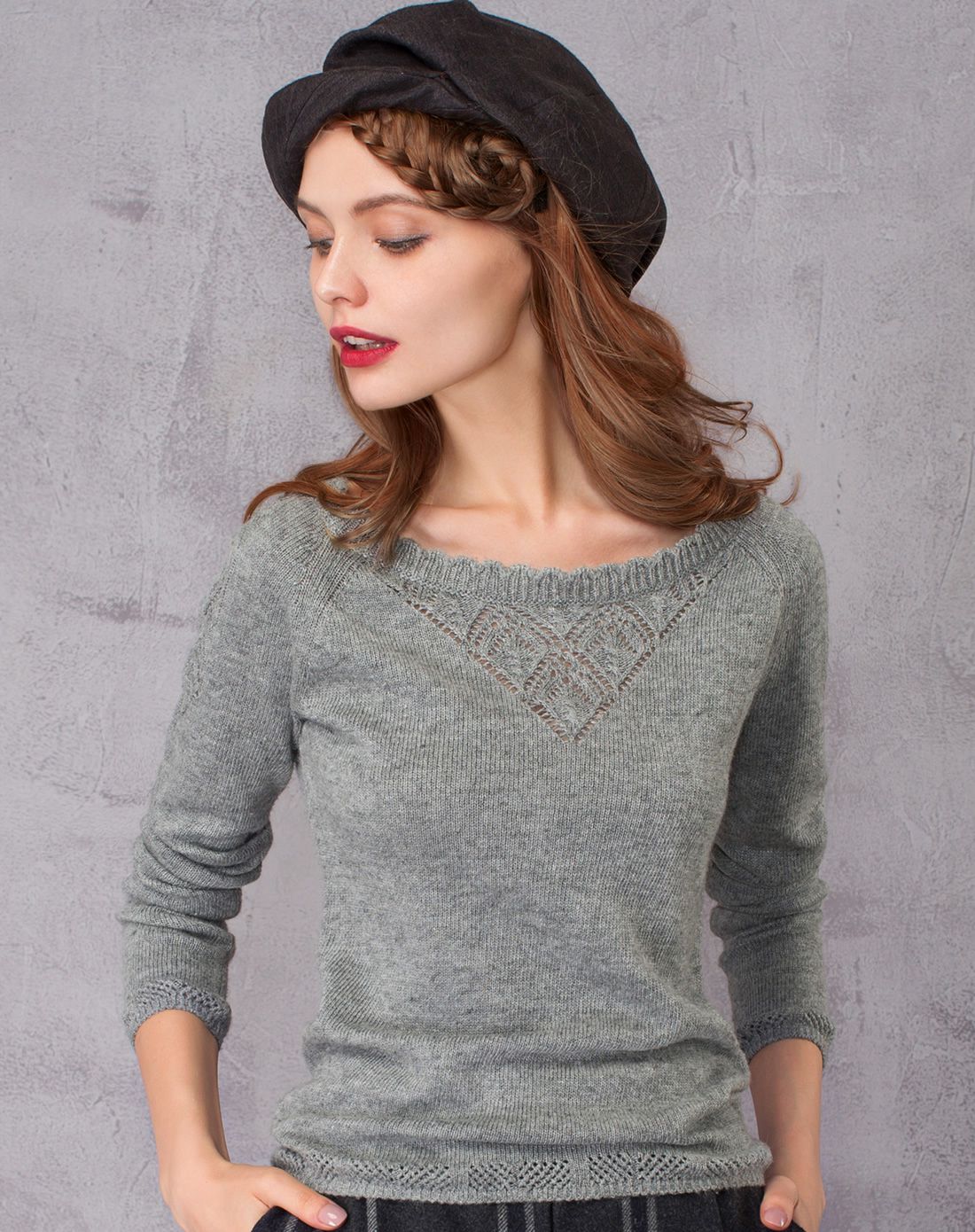 简约百搭插肩袖提花镂空针织衫