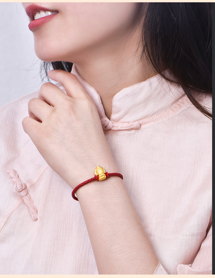 黄金手链十二生肖本命佛 3d硬足金转运珠佛小金佛手串/配皮绳