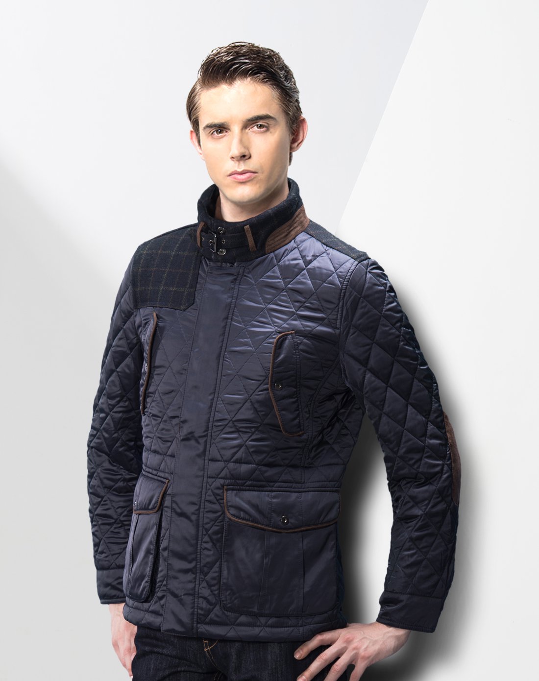 藏青色时尚拼接棉衣