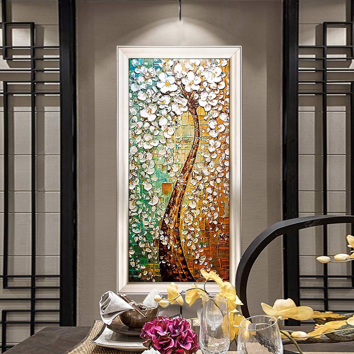 摇钱树 纯手绘油画欧式现代竖版玄关过道壁画餐厅挂画客厅装饰画