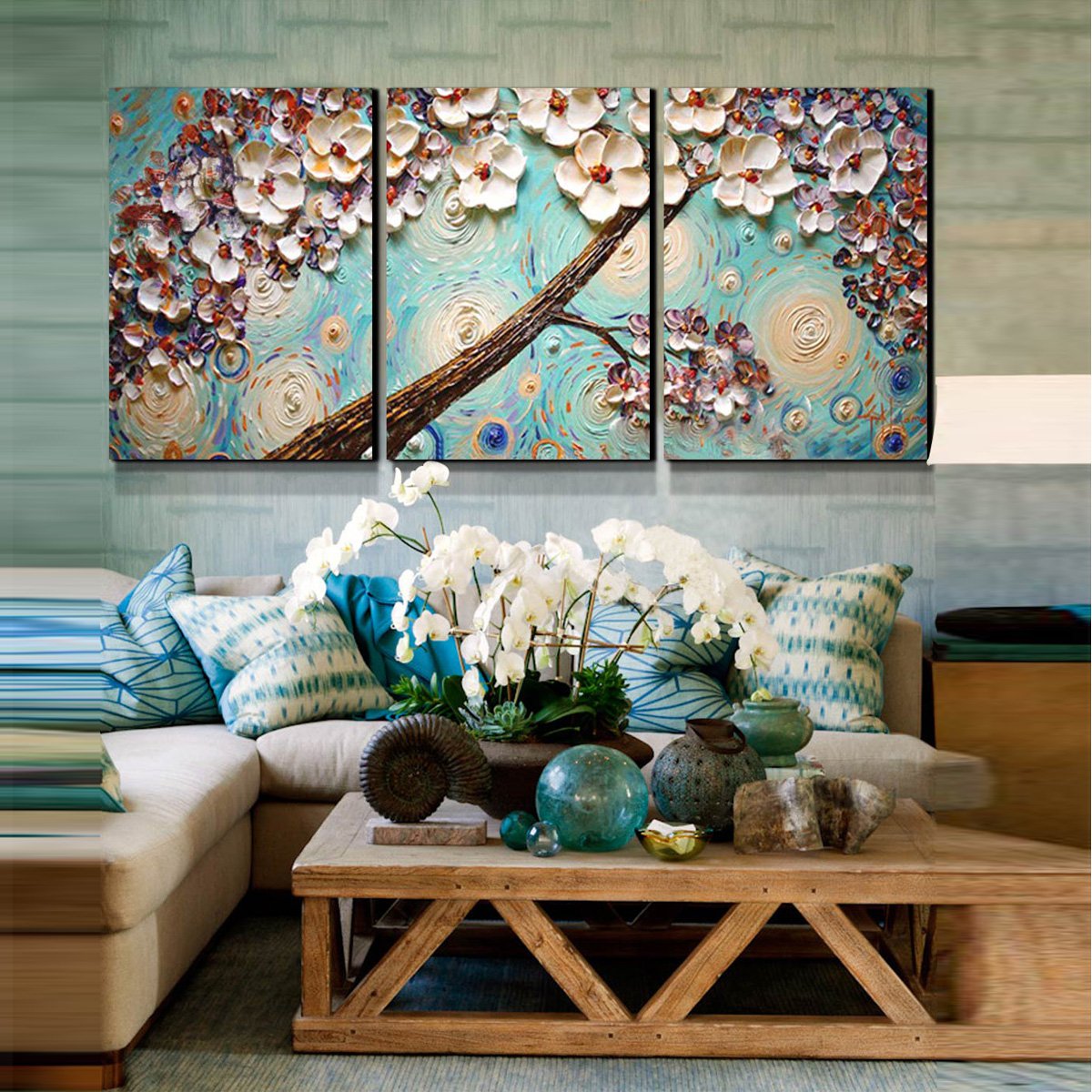 幸福花 纯手绘油画欧式现代沙发背景墙三联画餐厅挂画客厅装饰画