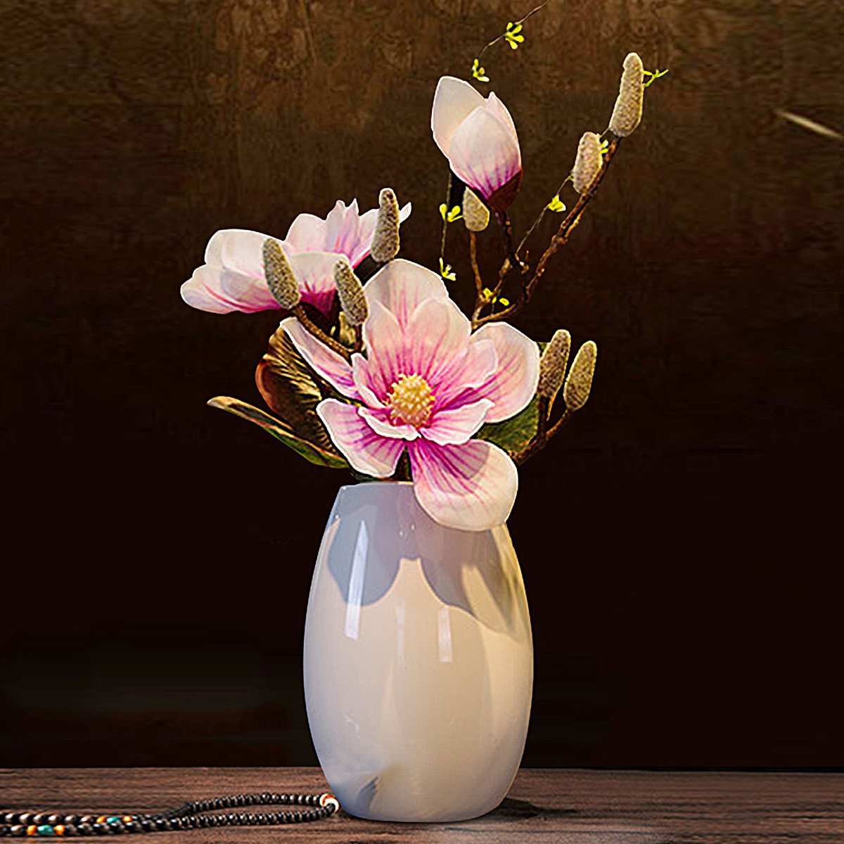 中式家居客厅假花装饰花书房玄关插花摆设玉兰仿真花陶瓷花瓶套装