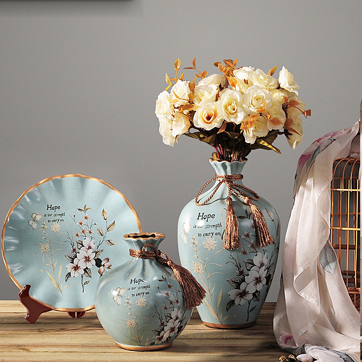 美式复古客厅玄关插花装饰品家居书房仿真花摆设陶瓷花瓶盘子摆件