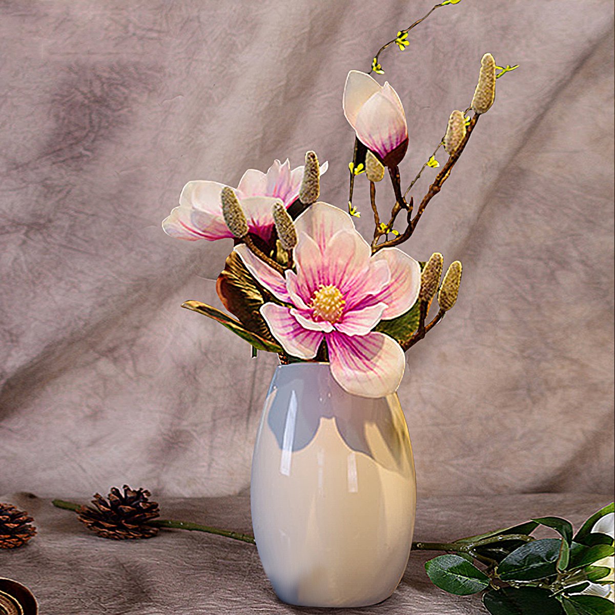 中式家居客厅假花装饰花书房玄关插花摆设玉兰仿真花陶瓷花瓶套装