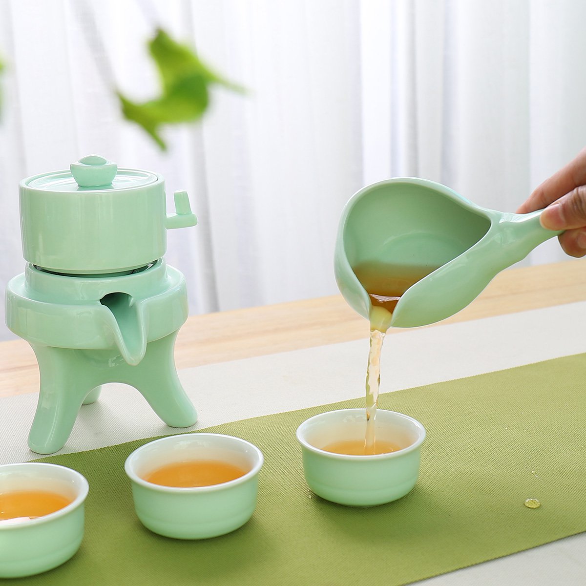 石磨半全自动功夫茶具套装家用简约青瓷茶壶陶瓷茶杯懒人泡茶器