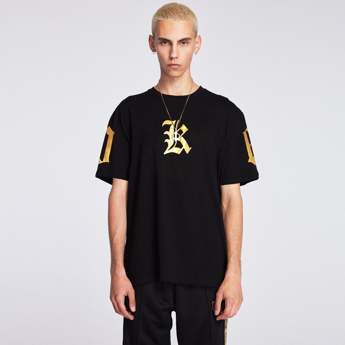 潮牌字母k背后双刀logo印花宽大版型男装短袖t恤