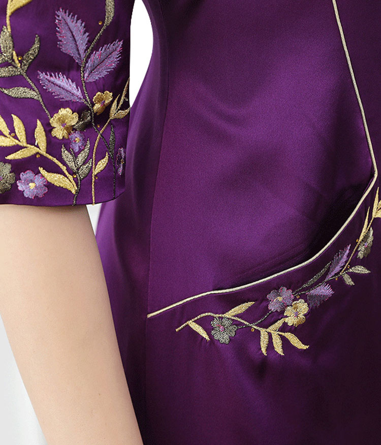 voa秋装真丝复古紫圆领五分袖真丝绣花手工钉珠中腰修身连衣裙