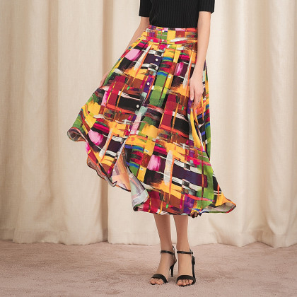 voa提花真丝宽边中腰单排扣开襟大摆浪漫度假丝绸半身裙