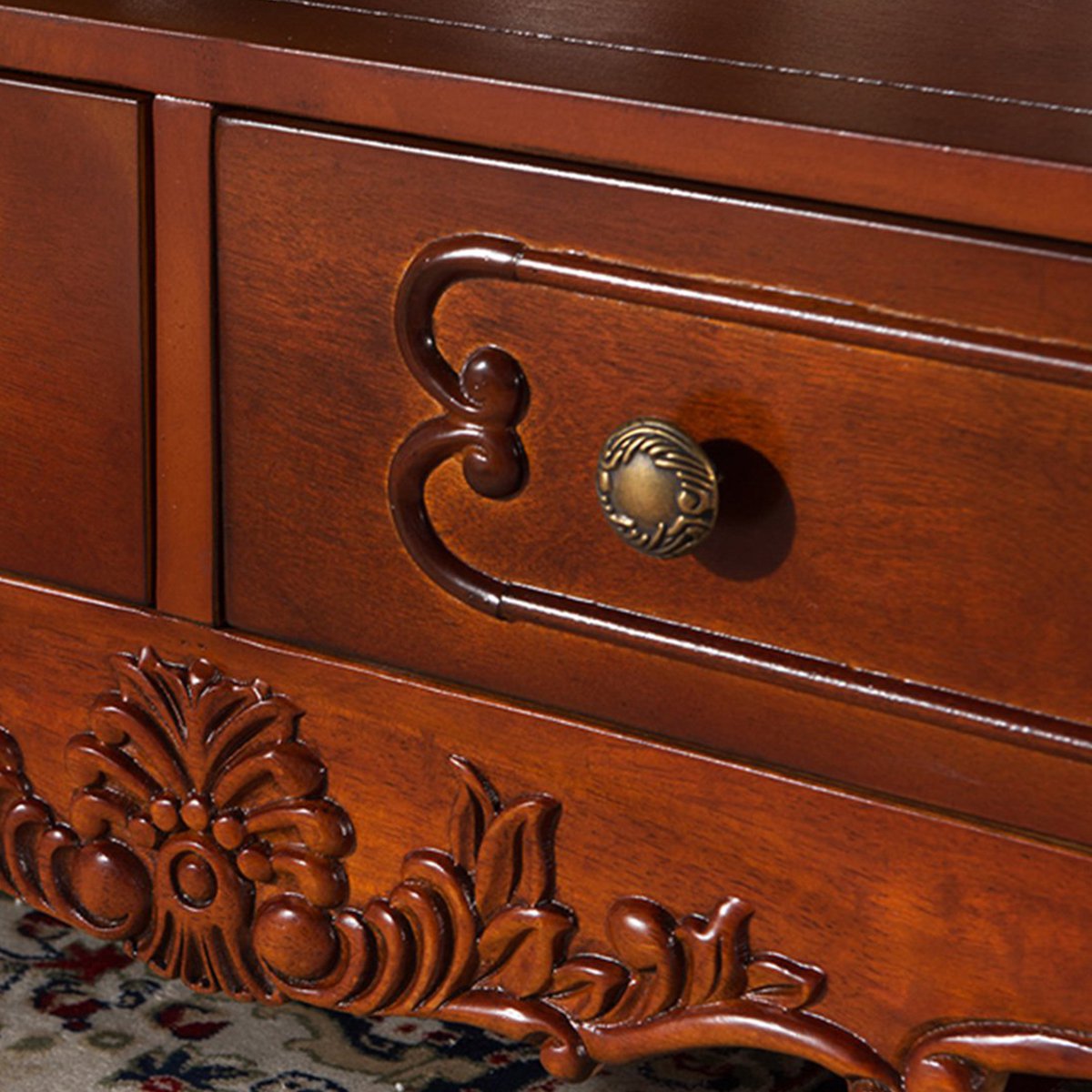 美式实木雕花带抽屉长茶几