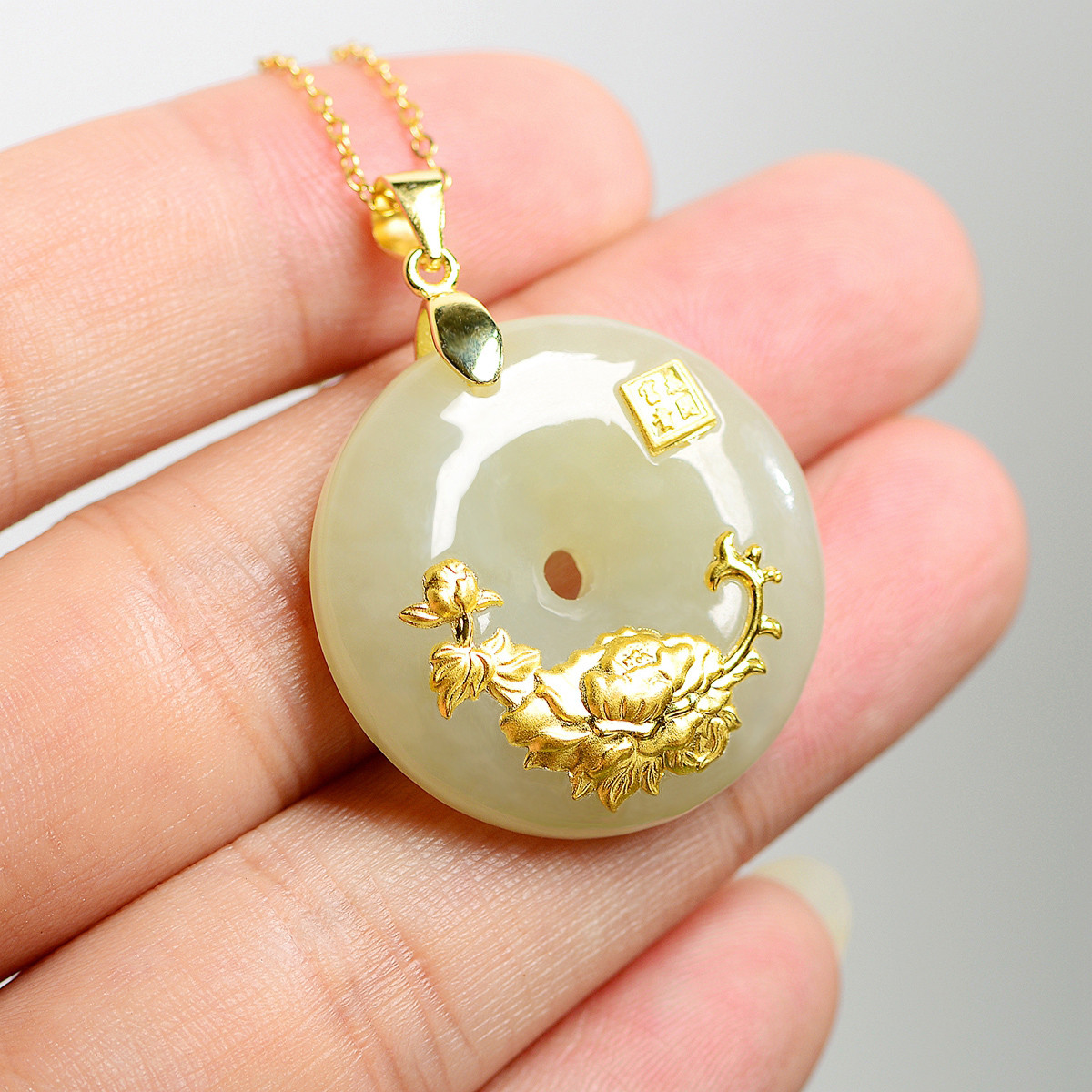 足金镶天然和田玉平安扣/金镶玉吊坠/玉坠/经典爆款女款项链