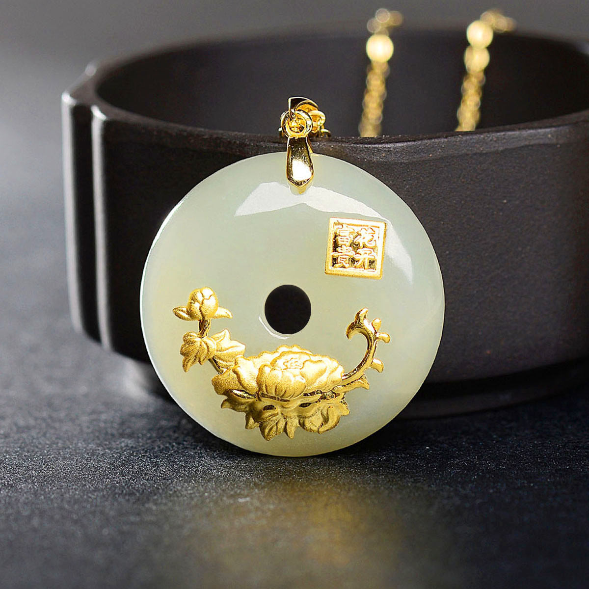足金镶天然和田玉平安扣/金镶玉吊坠/玉坠/经典爆款女款项链