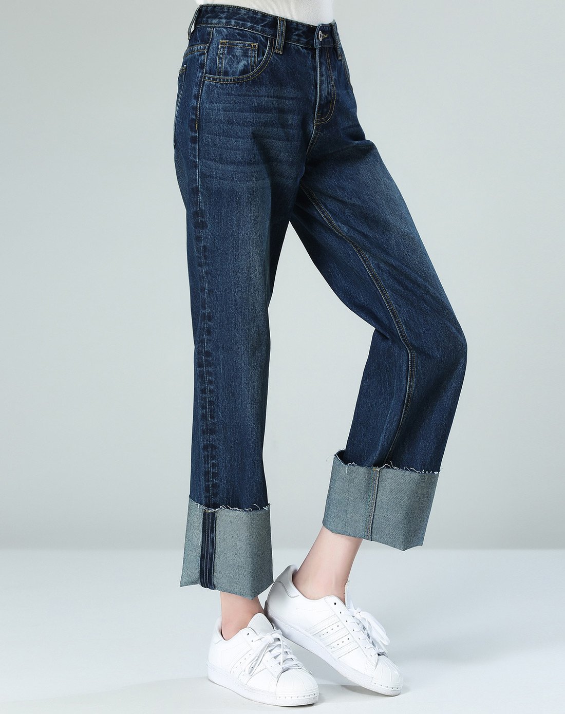 (17春新款)阔腿散边挽脚牛仔裤牛仔蓝