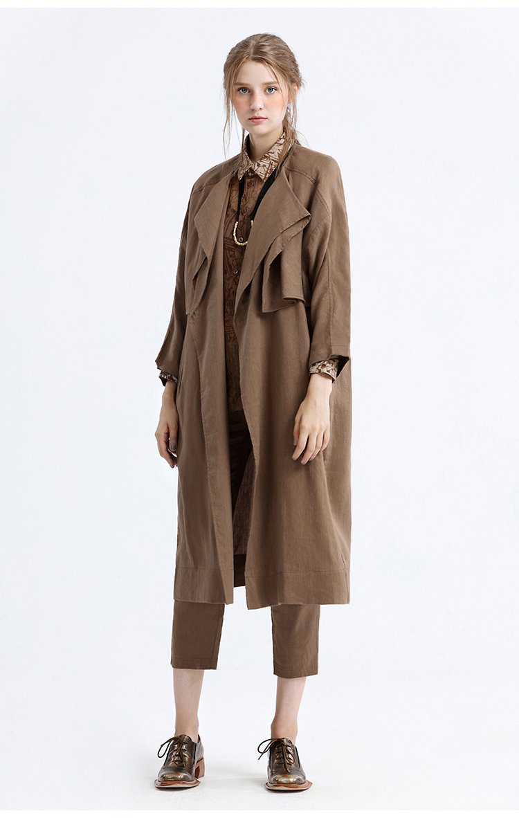 天丝弹力亚麻风衣女双片领口复古长外套春秋女外套ein言