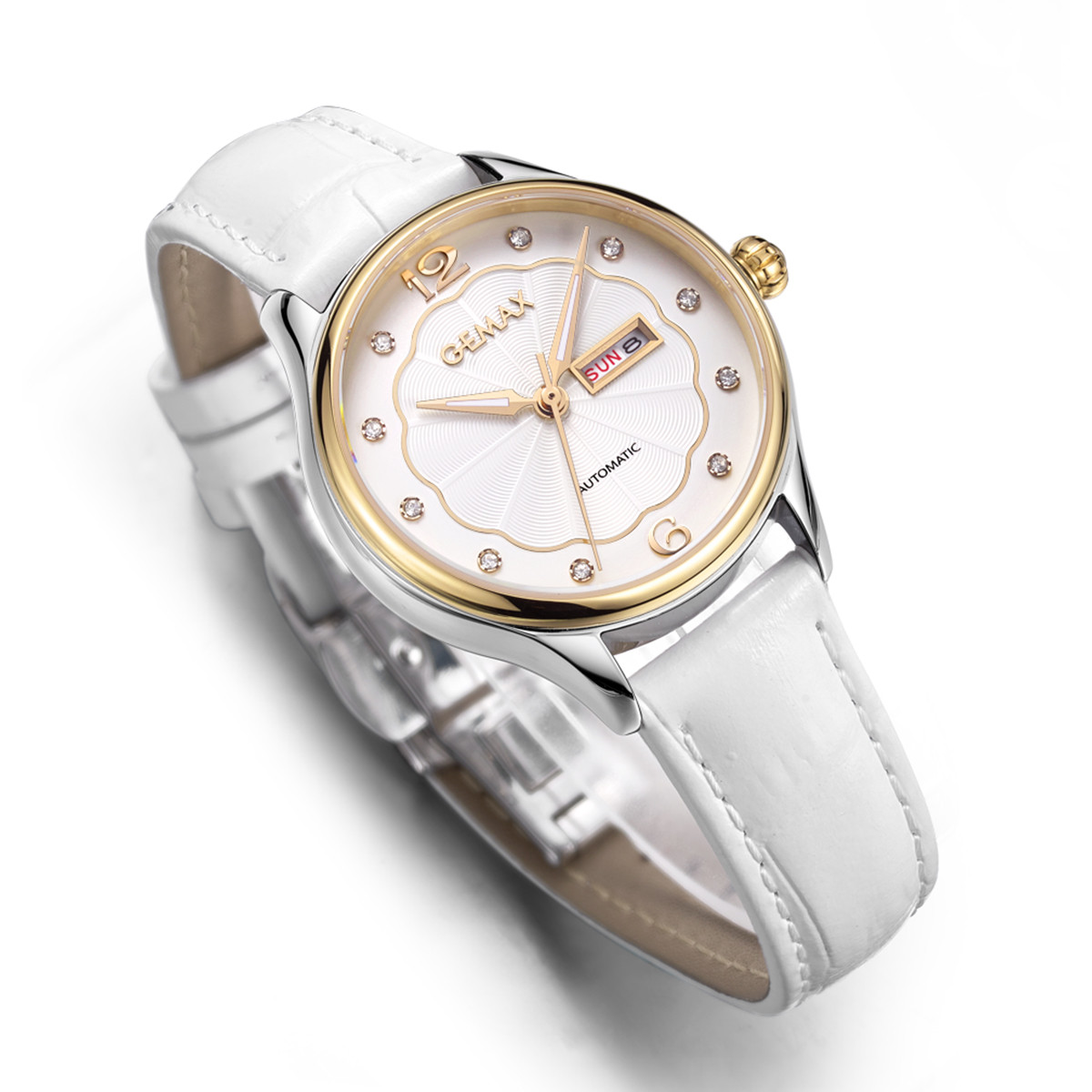 gemax 太阳纹镶钻表盘带日历女士机械手表