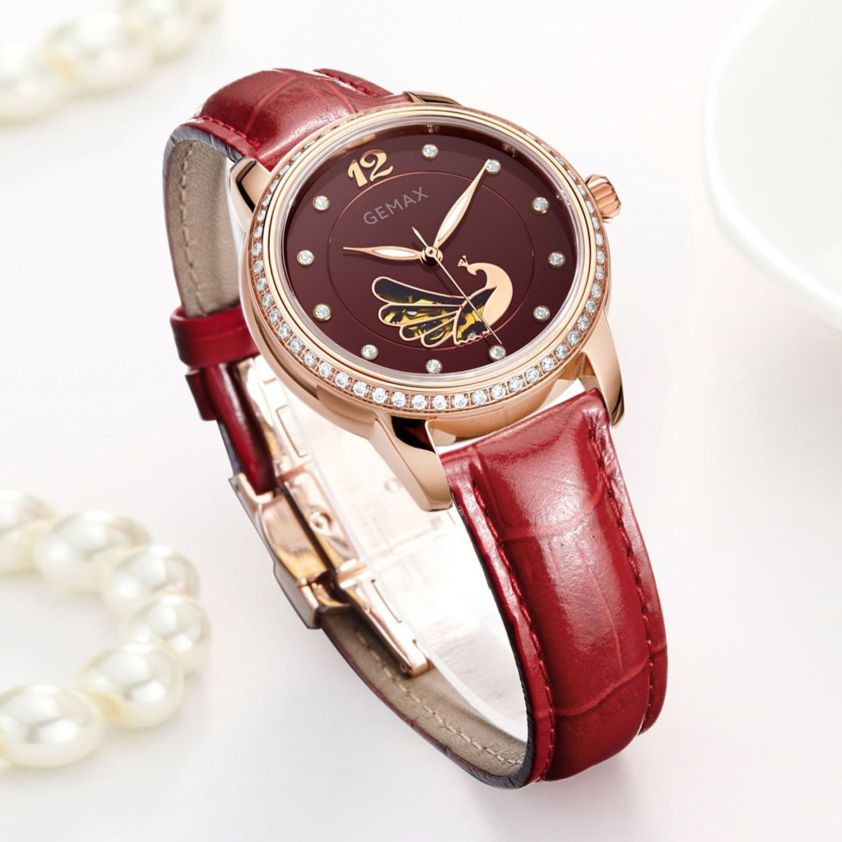 格玛仕gemax手表特卖旗舰店 奢华镶钻凤凰图案镂空女士机械表