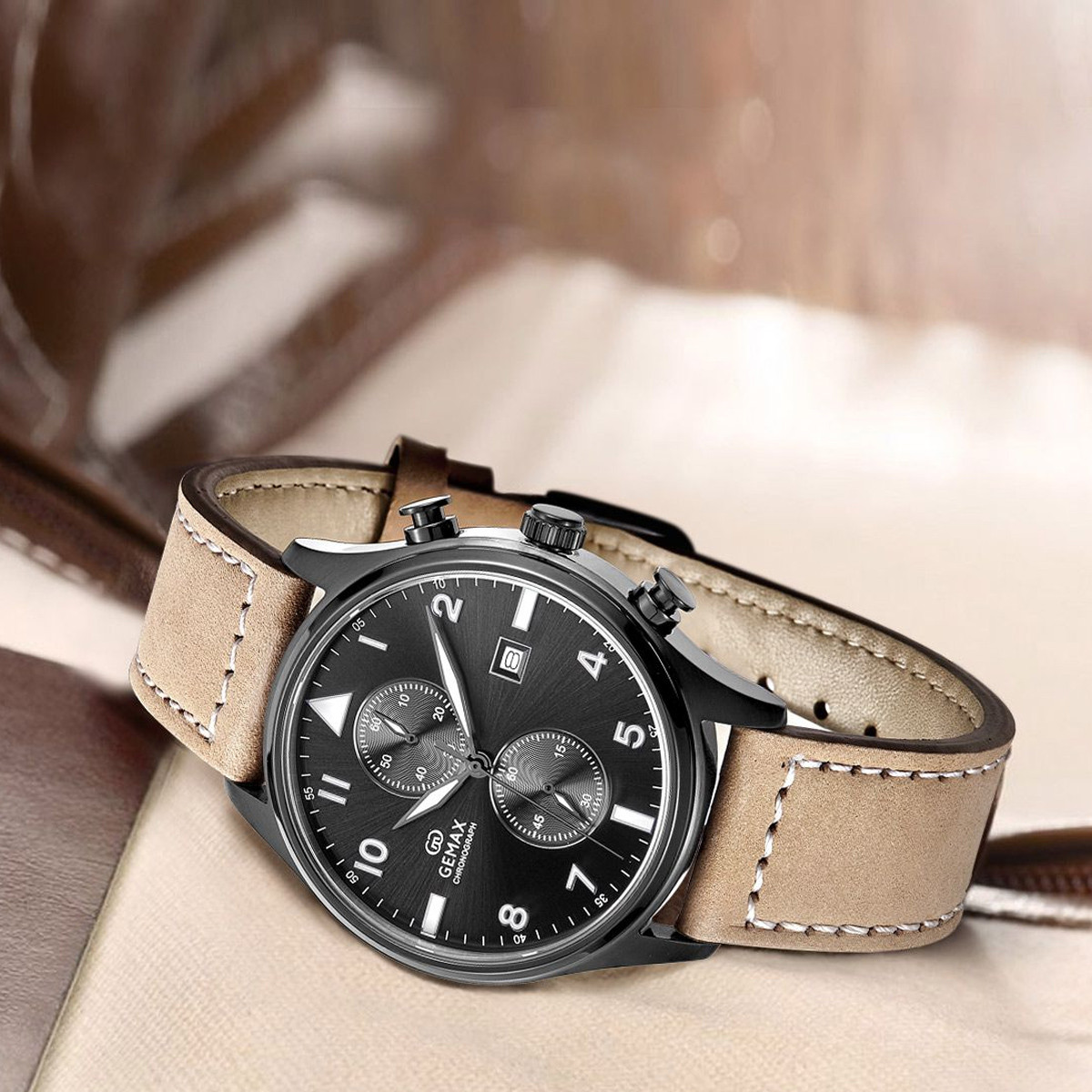 gemax 格玛仕酷黑六针计时功能男士商务手表