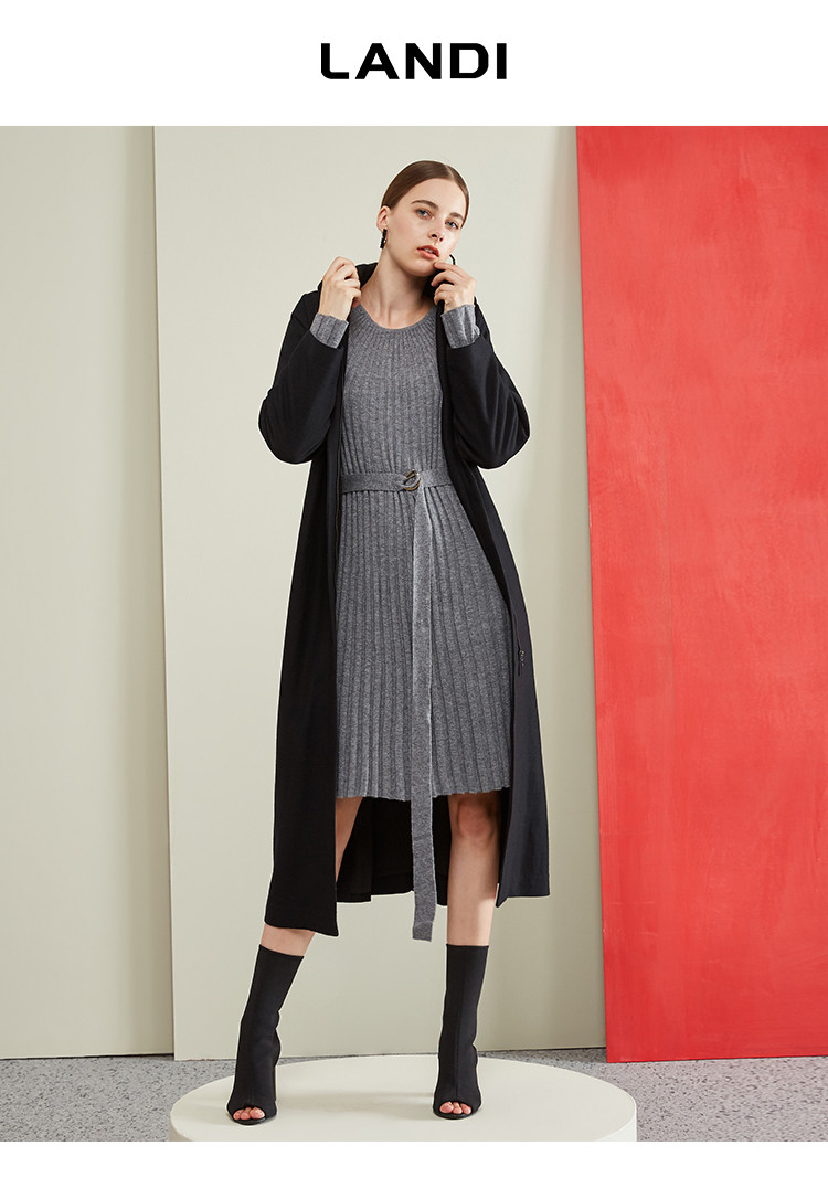 蓝地秋冬新款连帽中长款风衣女系带收腰外套