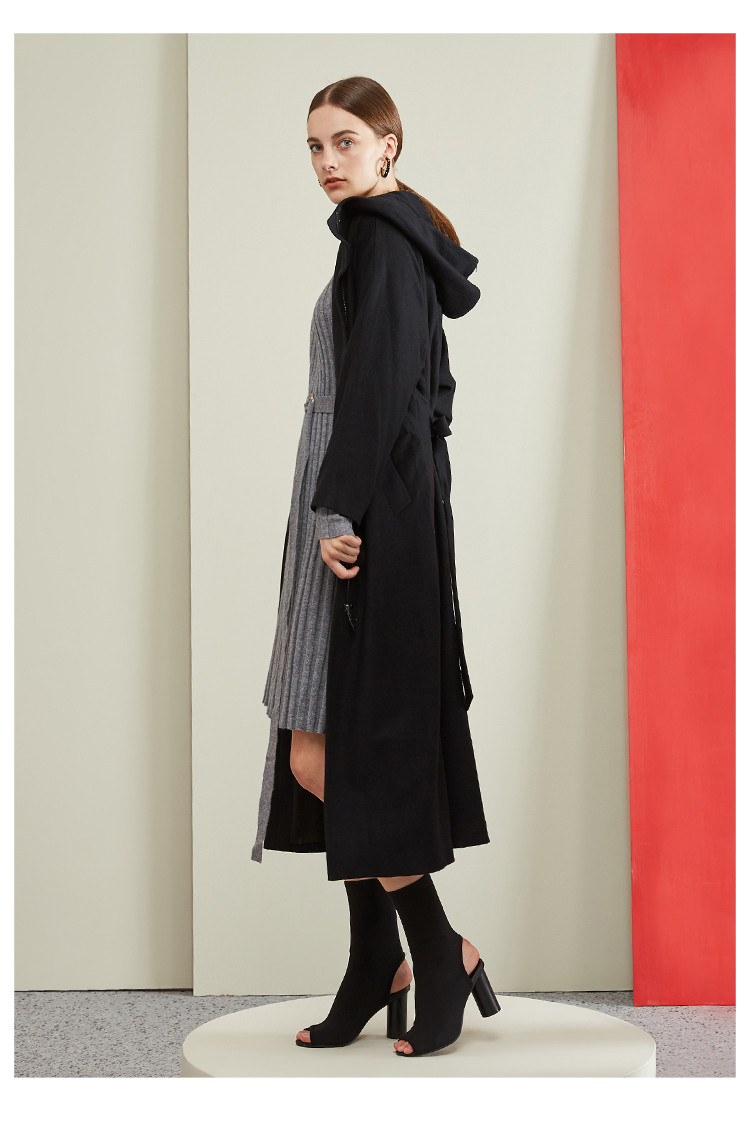 蓝地秋冬新款连帽中长款风衣女系带收腰外套